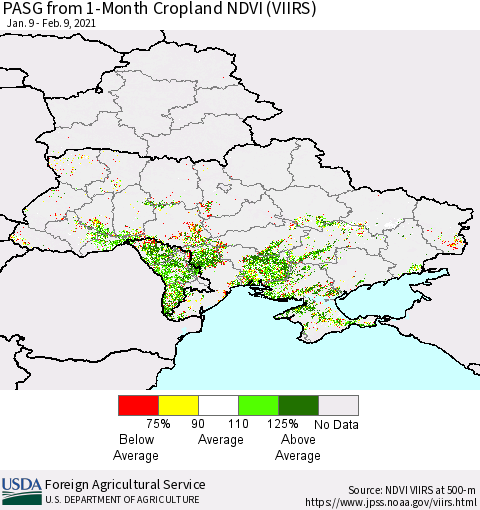Ukraine, Moldova and Belarus PASG from 1-Month Cropland NDVI (VIIRS) Thematic Map For 2/1/2021 - 2/10/2021
