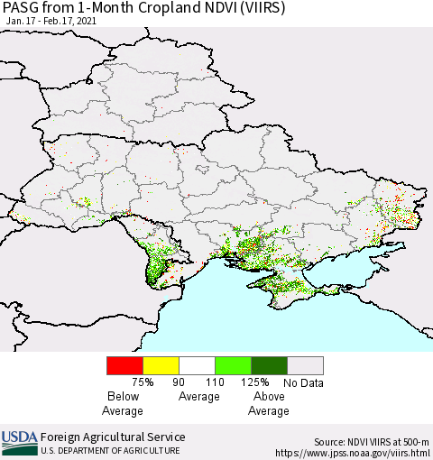 Ukraine, Moldova and Belarus PASG from 1-Month Cropland NDVI (VIIRS) Thematic Map For 2/11/2021 - 2/20/2021