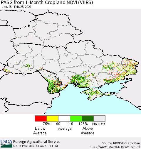 Ukraine, Moldova and Belarus PASG from 1-Month Cropland NDVI (VIIRS) Thematic Map For 2/21/2021 - 2/28/2021