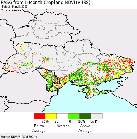 Ukraine, Moldova and Belarus PASG from 1-Month Cropland NDVI (VIIRS) Thematic Map For 2/26/2021 - 3/5/2021