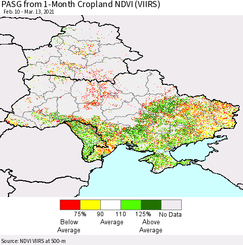 Ukraine, Moldova and Belarus PASG from 1-Month Cropland NDVI (VIIRS) Thematic Map For 3/6/2021 - 3/13/2021