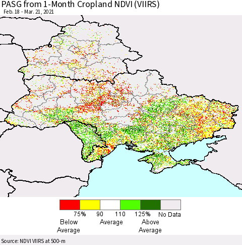 Ukraine, Moldova and Belarus PASG from 1-Month Cropland NDVI (VIIRS) Thematic Map For 3/14/2021 - 3/21/2021