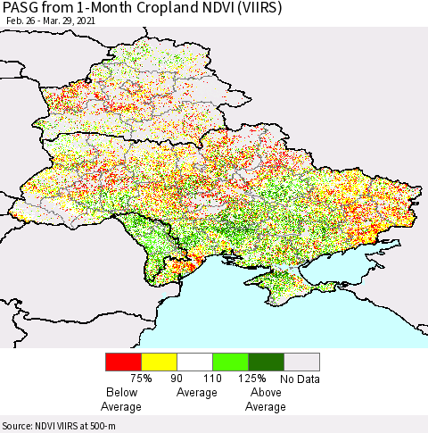 Ukraine, Moldova and Belarus PASG from 1-Month Cropland NDVI (VIIRS) Thematic Map For 3/22/2021 - 3/29/2021