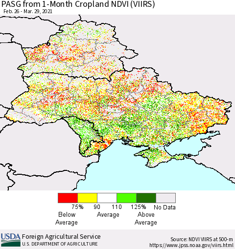 Ukraine, Moldova and Belarus PASG from 1-Month Cropland NDVI (VIIRS) Thematic Map For 3/21/2021 - 3/31/2021