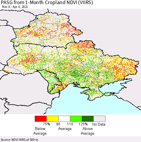Ukraine, Moldova and Belarus PASG from 1-Month Cropland NDVI (VIIRS) Thematic Map For 3/30/2021 - 4/6/2021