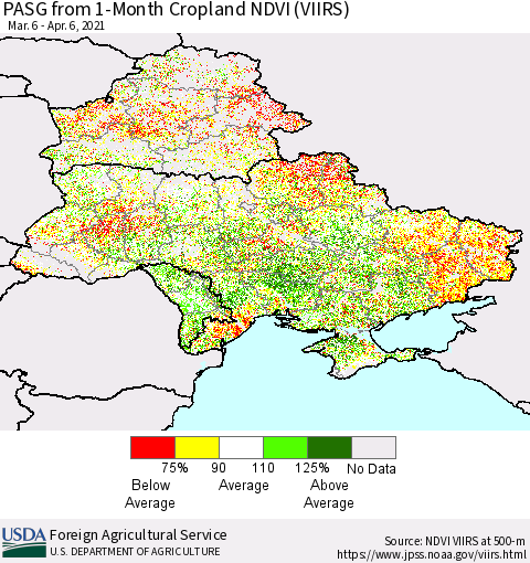 Ukraine, Moldova and Belarus PASG from 1-Month Cropland NDVI (VIIRS) Thematic Map For 4/1/2021 - 4/10/2021