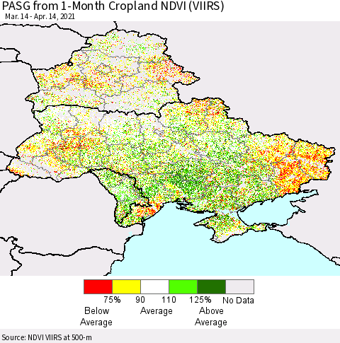 Ukraine, Moldova and Belarus PASG from 1-Month Cropland NDVI (VIIRS) Thematic Map For 4/7/2021 - 4/14/2021