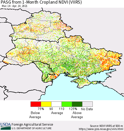 Ukraine, Moldova and Belarus PASG from 1-Month Cropland NDVI (VIIRS) Thematic Map For 4/11/2021 - 4/20/2021
