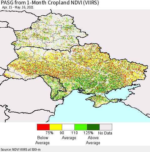 Ukraine, Moldova and Belarus PASG from 1-Month Cropland NDVI (VIIRS) Thematic Map For 5/9/2021 - 5/16/2021