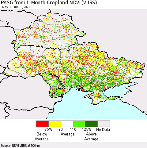 Ukraine, Moldova and Belarus PASG from 1-Month Cropland NDVI (VIIRS) Thematic Map For 5/25/2021 - 6/1/2021