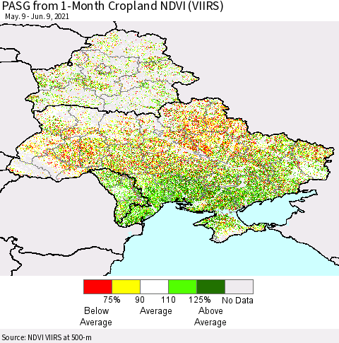 Ukraine, Moldova and Belarus PASG from 1-Month Cropland NDVI (VIIRS) Thematic Map For 6/2/2021 - 6/9/2021