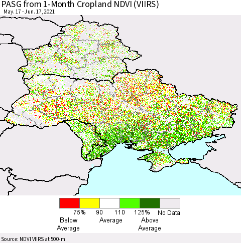 Ukraine, Moldova and Belarus PASG from 1-Month Cropland NDVI (VIIRS) Thematic Map For 6/10/2021 - 6/17/2021
