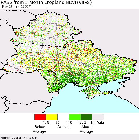 Ukraine, Moldova and Belarus PASG from 1-Month Cropland NDVI (VIIRS) Thematic Map For 6/18/2021 - 6/25/2021