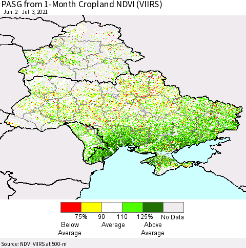 Ukraine, Moldova and Belarus PASG from 1-Month Cropland NDVI (VIIRS) Thematic Map For 6/26/2021 - 7/3/2021