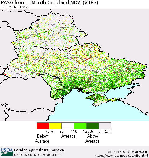 Ukraine, Moldova and Belarus PASG from 1-Month Cropland NDVI (VIIRS) Thematic Map For 7/1/2021 - 7/10/2021