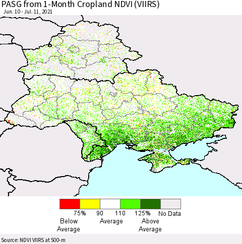Ukraine, Moldova and Belarus PASG from 1-Month Cropland NDVI (VIIRS) Thematic Map For 7/4/2021 - 7/11/2021