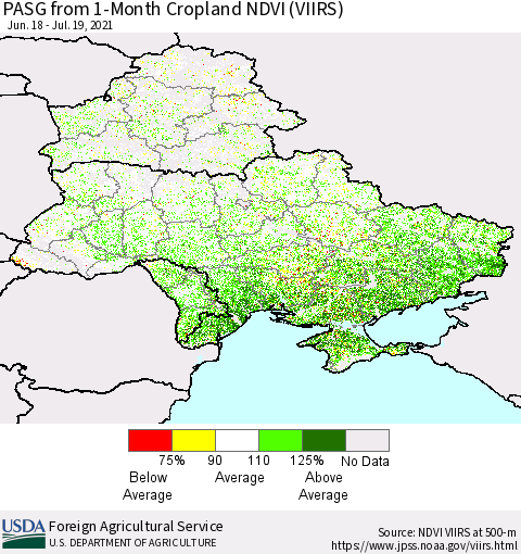 Ukraine, Moldova and Belarus PASG from 1-Month Cropland NDVI (VIIRS) Thematic Map For 7/11/2021 - 7/20/2021
