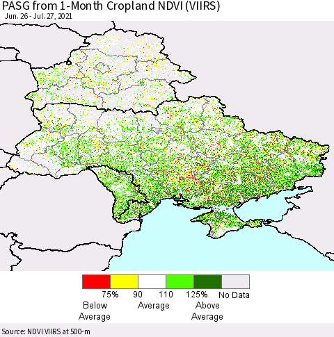 Ukraine, Moldova and Belarus PASG from 1-Month Cropland NDVI (VIIRS) Thematic Map For 7/20/2021 - 7/27/2021