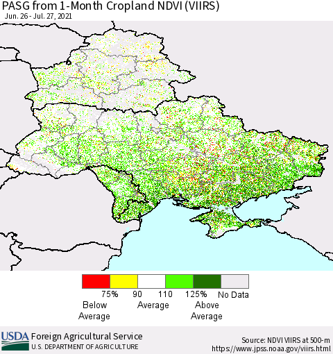 Ukraine, Moldova and Belarus PASG from 1-Month Cropland NDVI (VIIRS) Thematic Map For 7/21/2021 - 7/31/2021
