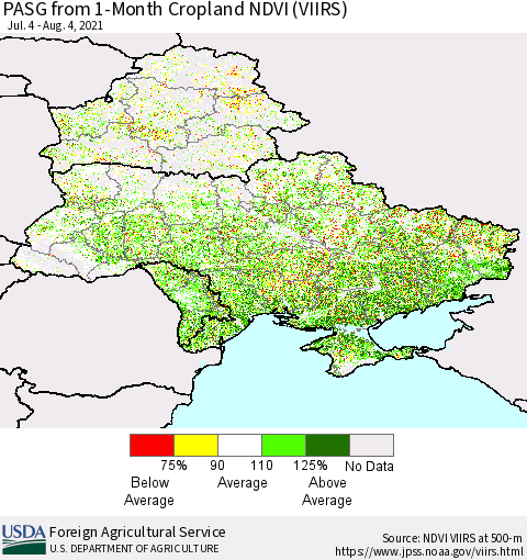Ukraine, Moldova and Belarus PASG from 1-Month Cropland NDVI (VIIRS) Thematic Map For 8/1/2021 - 8/10/2021