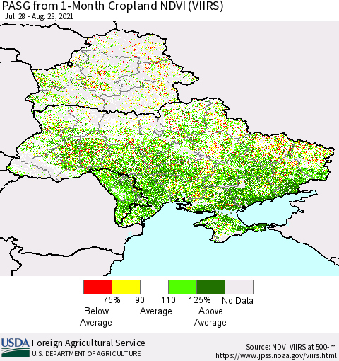 Ukraine, Moldova and Belarus PASG from 1-Month Cropland NDVI (VIIRS) Thematic Map For 8/21/2021 - 8/31/2021