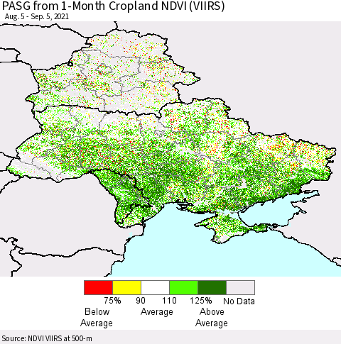 Ukraine, Moldova and Belarus PASG from 1-Month Cropland NDVI (VIIRS) Thematic Map For 8/29/2021 - 9/5/2021