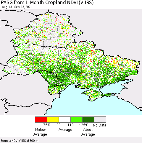 Ukraine, Moldova and Belarus PASG from 1-Month Cropland NDVI (VIIRS) Thematic Map For 9/6/2021 - 9/13/2021