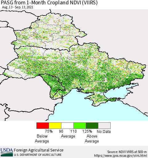 Ukraine, Moldova and Belarus PASG from 1-Month Cropland NDVI (VIIRS) Thematic Map For 9/11/2021 - 9/20/2021