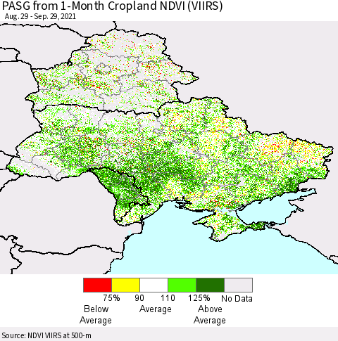 Ukraine, Moldova and Belarus PASG from 1-Month Cropland NDVI (VIIRS) Thematic Map For 9/22/2021 - 9/29/2021