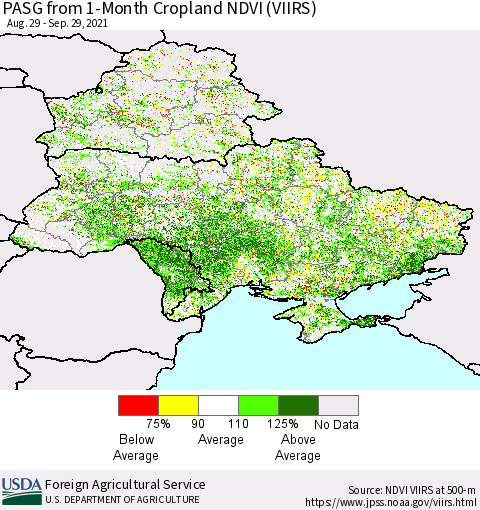 Ukraine, Moldova and Belarus PASG from 1-Month Cropland NDVI (VIIRS) Thematic Map For 9/21/2021 - 9/30/2021