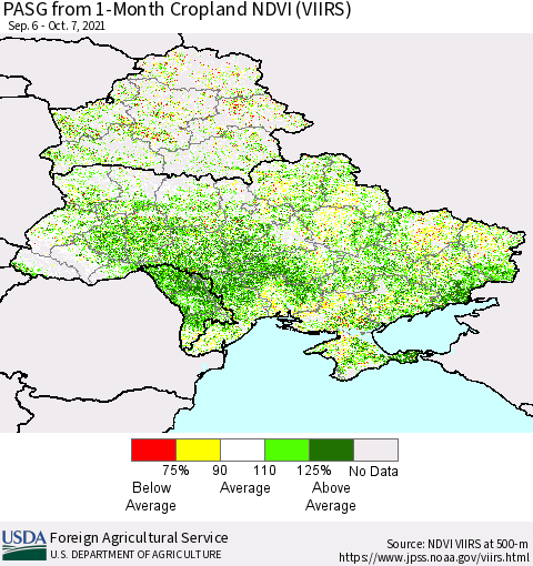 Ukraine, Moldova and Belarus PASG from 1-Month Cropland NDVI (VIIRS) Thematic Map For 10/1/2021 - 10/10/2021