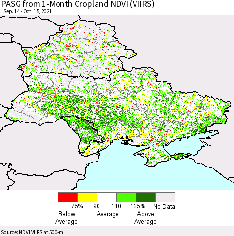 Ukraine, Moldova and Belarus PASG from 1-Month Cropland NDVI (VIIRS) Thematic Map For 10/8/2021 - 10/15/2021
