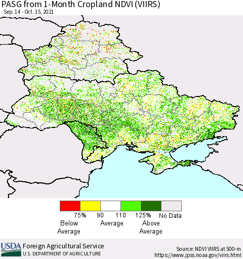 Ukraine, Moldova and Belarus PASG from 1-Month Cropland NDVI (VIIRS) Thematic Map For 10/11/2021 - 10/20/2021