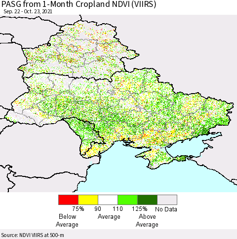 Ukraine, Moldova and Belarus PASG from 1-Month Cropland NDVI (VIIRS) Thematic Map For 10/16/2021 - 10/23/2021