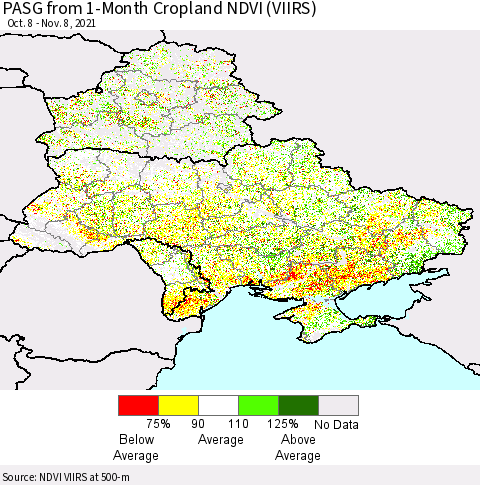 Ukraine, Moldova and Belarus PASG from 1-Month Cropland NDVI (VIIRS) Thematic Map For 11/1/2021 - 11/8/2021