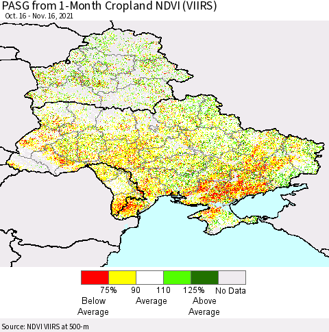 Ukraine, Moldova and Belarus PASG from 1-Month Cropland NDVI (VIIRS) Thematic Map For 11/9/2021 - 11/16/2021