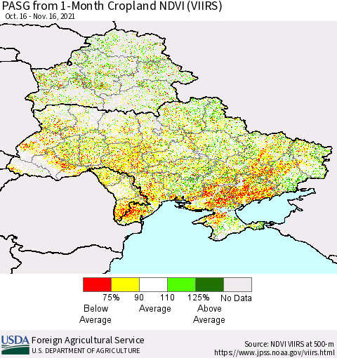 Ukraine, Moldova and Belarus PASG from 1-Month Cropland NDVI (VIIRS) Thematic Map For 11/11/2021 - 11/20/2021