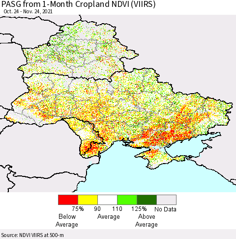 Ukraine, Moldova and Belarus PASG from 1-Month Cropland NDVI (VIIRS) Thematic Map For 11/17/2021 - 11/24/2021