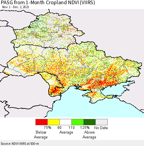 Ukraine, Moldova and Belarus PASG from 1-Month Cropland NDVI (VIIRS) Thematic Map For 11/25/2021 - 12/2/2021