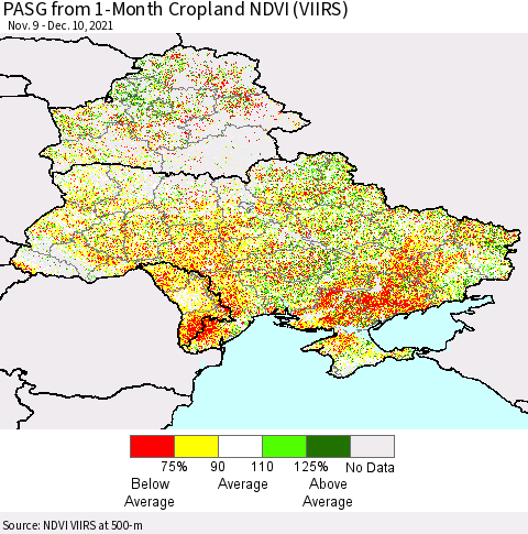 Ukraine, Moldova and Belarus PASG from 1-Month Cropland NDVI (VIIRS) Thematic Map For 12/1/2021 - 12/10/2021