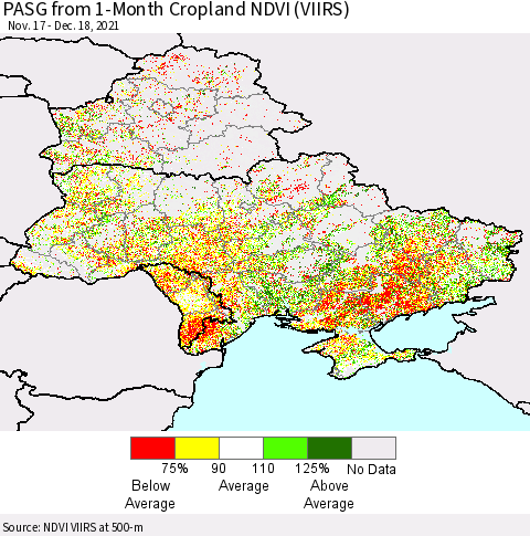 Ukraine, Moldova and Belarus PASG from 1-Month Cropland NDVI (VIIRS) Thematic Map For 12/11/2021 - 12/18/2021