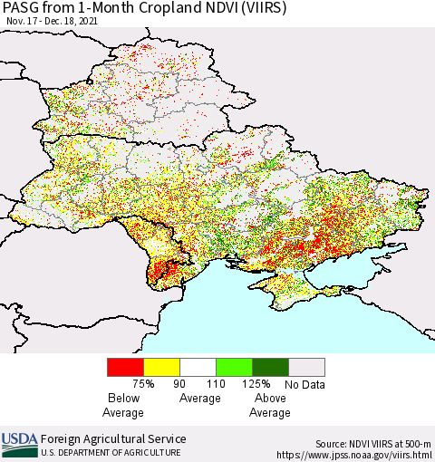 Ukraine, Moldova and Belarus PASG from 1-Month Cropland NDVI (VIIRS) Thematic Map For 12/11/2021 - 12/20/2021