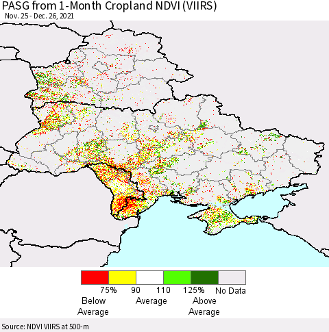 Ukraine, Moldova and Belarus PASG from 1-Month Cropland NDVI (VIIRS) Thematic Map For 12/19/2021 - 12/26/2021