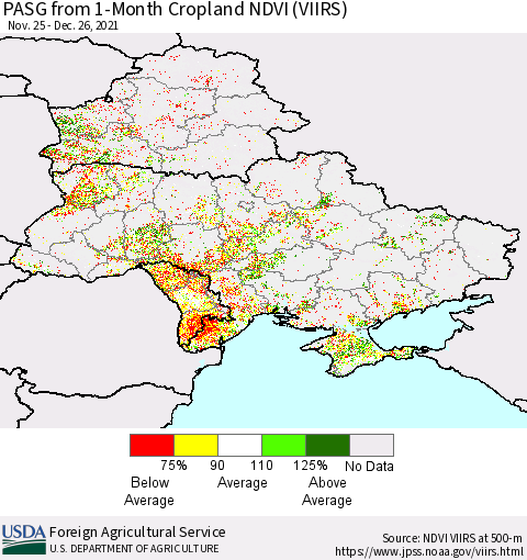 Ukraine, Moldova and Belarus PASG from 1-Month Cropland NDVI (VIIRS) Thematic Map For 12/21/2021 - 12/31/2021