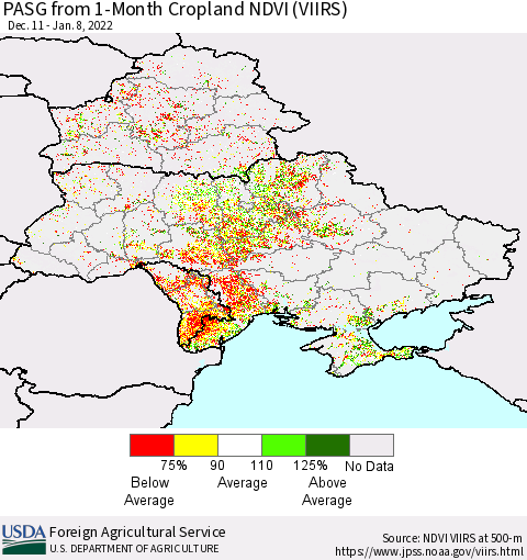 Ukraine, Moldova and Belarus PASG from 1-Month Cropland NDVI (VIIRS) Thematic Map For 1/1/2022 - 1/10/2022