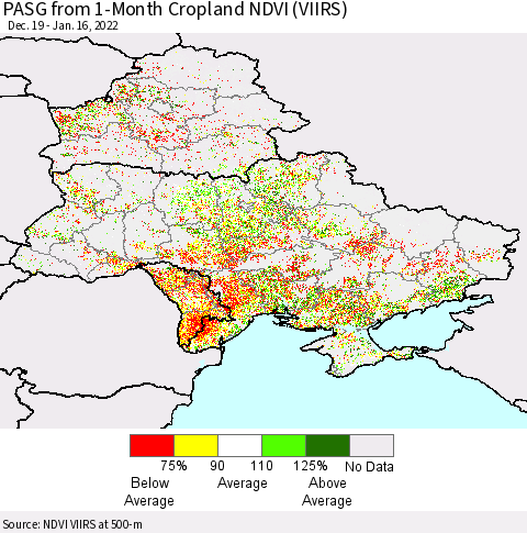 Ukraine, Moldova and Belarus PASG from 1-Month Cropland NDVI (VIIRS) Thematic Map For 1/9/2022 - 1/16/2022