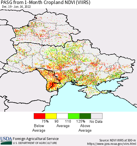 Ukraine, Moldova and Belarus PASG from 1-Month Cropland NDVI (VIIRS) Thematic Map For 1/11/2022 - 1/20/2022