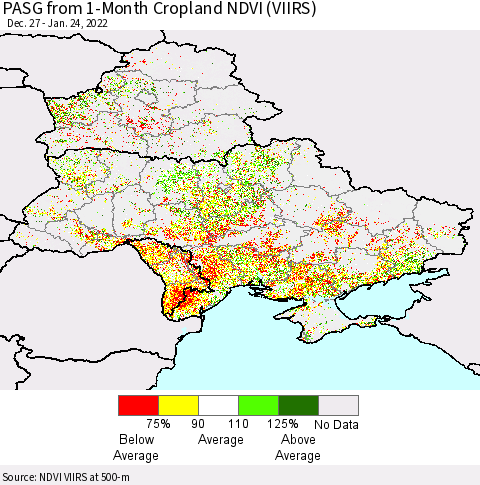 Ukraine, Moldova and Belarus PASG from 1-Month Cropland NDVI (VIIRS) Thematic Map For 1/17/2022 - 1/24/2022