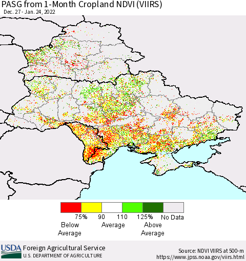 Ukraine, Moldova and Belarus PASG from 1-Month Cropland NDVI (VIIRS) Thematic Map For 1/21/2022 - 1/31/2022