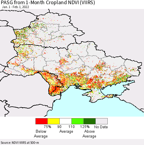 Ukraine, Moldova and Belarus PASG from 1-Month Cropland NDVI (VIIRS) Thematic Map For 1/25/2022 - 2/1/2022